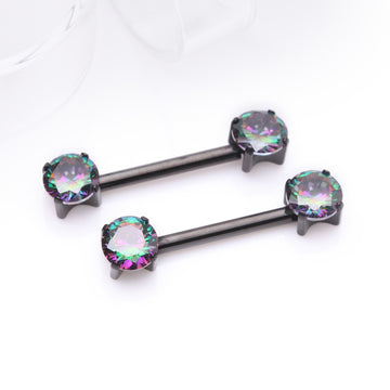 Detail View 1 of A Pair of Implant Grade Titanium Blackline OneFit Threadless Prong Gem Sparkle Nipple Barbell-Vitrail Medium